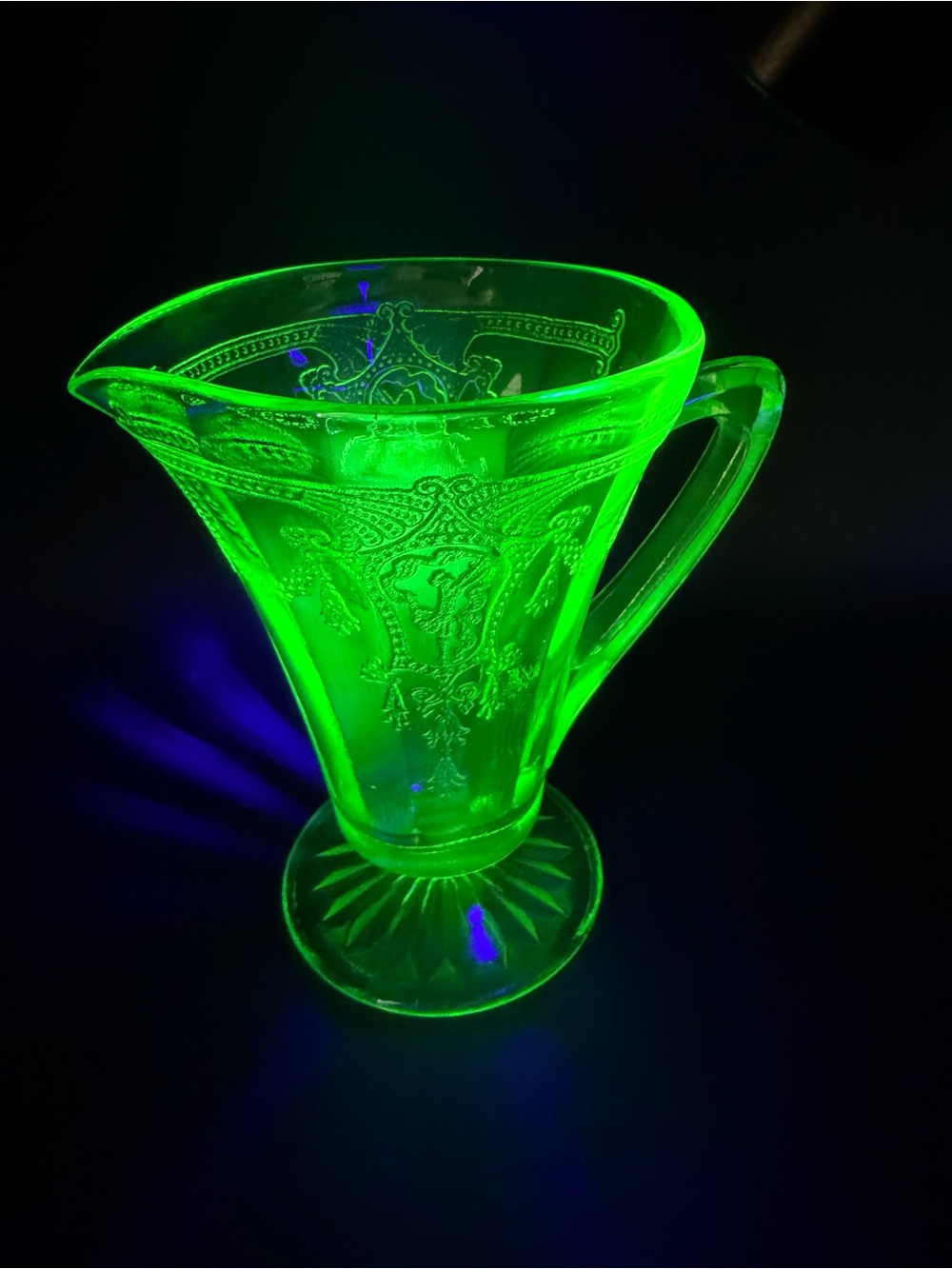VTG Uranium Glass creamer by Anchor Hocking in the “ Cameo” pattern